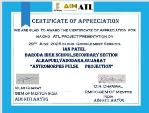 IAN PATEL was awarded the certificate for presenting a presentation on " ANTROMORPHS PULSE PROJECT